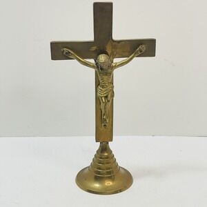 Brass Crucifix Altar Cross Jesus Christ Free Standing 10 in Tall
